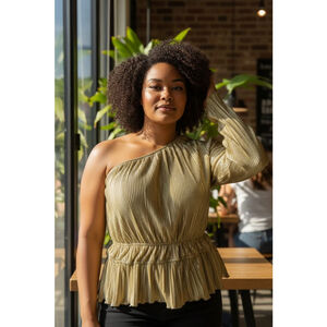 FASHIONNOVA Green One-Shoulder Pleated Peplum Top Plus 3X